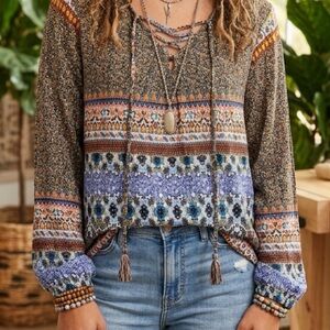 Bohemian Patterned Lace-Up Long Sleeve Top - MulticolorXL-1x
